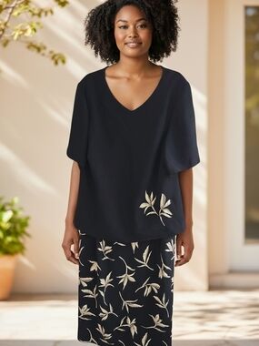 Studio C Black Midi Dress with Cream Leaf Print